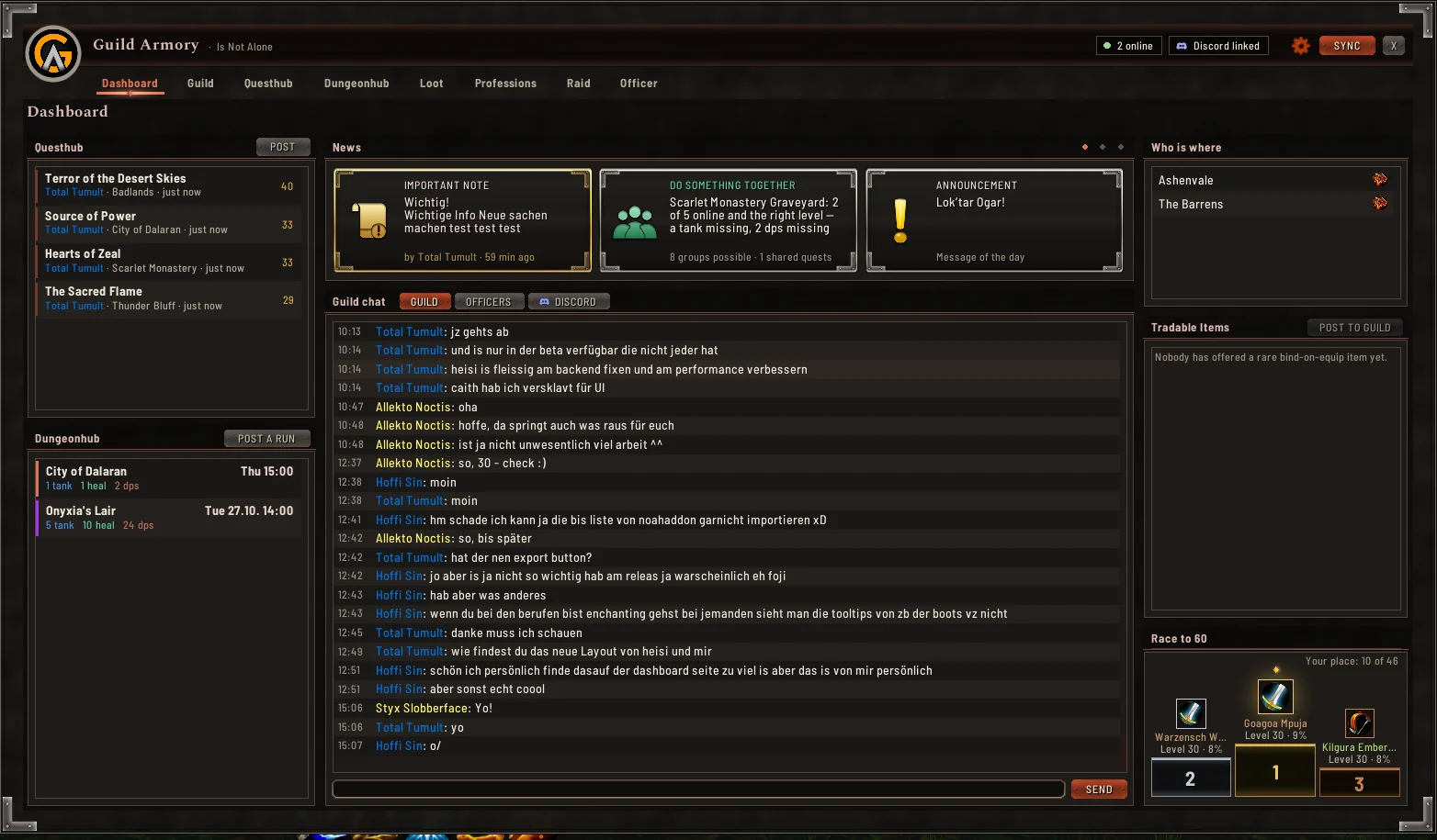 The Guild Armory dashboard: quests, dungeon runs, news cards, guild chat and the Race to 60
