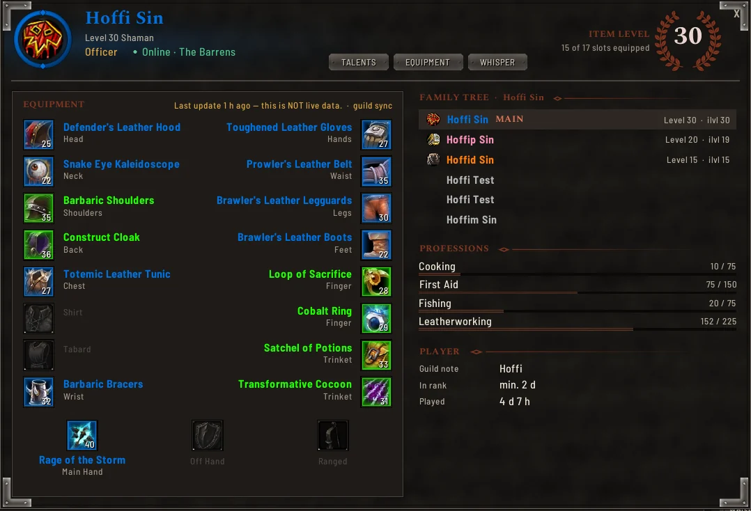 Player info: a member's character sheet with equipment, family tree of alts, professions and played time