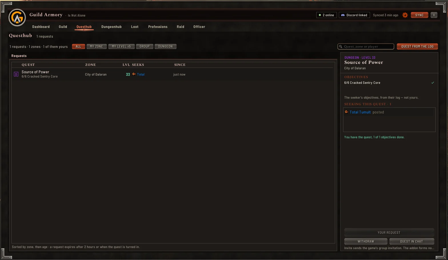 The Questhub: open quest requests of the guild with zone, level and who is looking